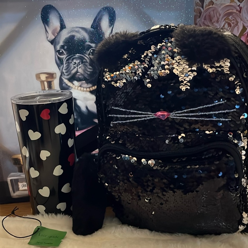 Cat small backpack with sequins ears face and tail Like New